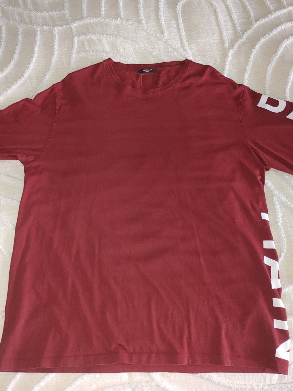 Balmain Men's Red Crewneck Tee with White Side Lettering